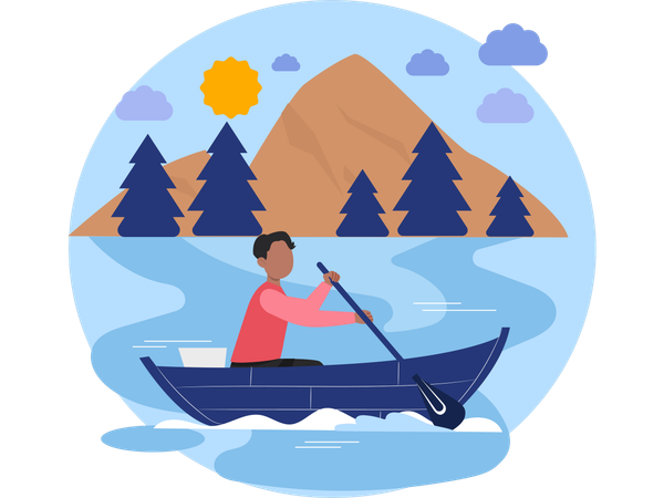 Hombre disfrutando de paseos en bote  Ilustración