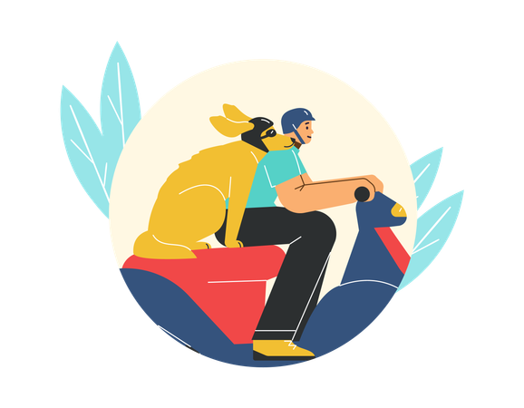 Hombre disfrutando de un viaje en moto con su perro  Ilustración