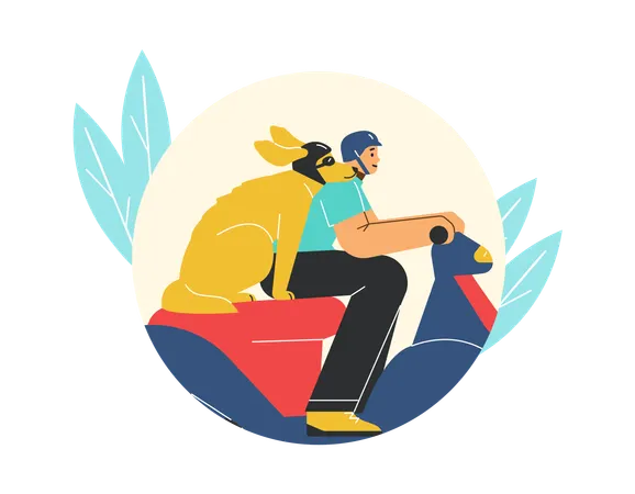 Hombre disfrutando de un viaje en moto con su perro  Ilustración
