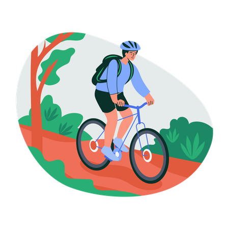 Hombre disfrutando de una aventura en bicicleta  Ilustración
