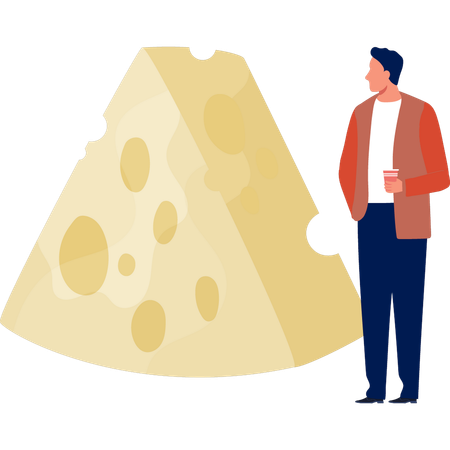 Hombre disfrutando de una bebida mientras mira queso  Ilustración