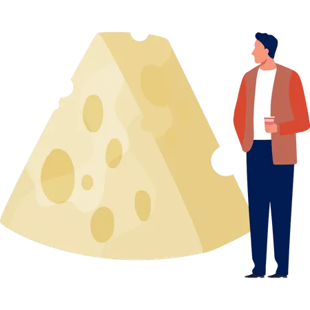 Hombre disfrutando de una bebida mientras mira queso  Ilustración