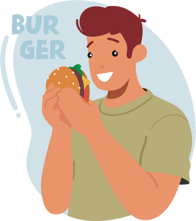 Hombre saboreando una hamburguesa jugosa  Ilustración