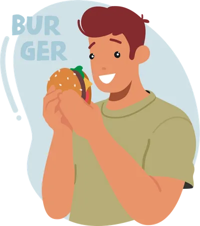 Hombre saboreando una hamburguesa jugosa  Ilustración