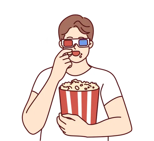 Hombre disfrutando de una película en 3D y comiendo palomitas de maíz  Ilustración
