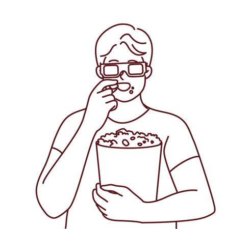 Hombre disfrutando de una película en 3D y comiendo palomitas de maíz  Ilustración