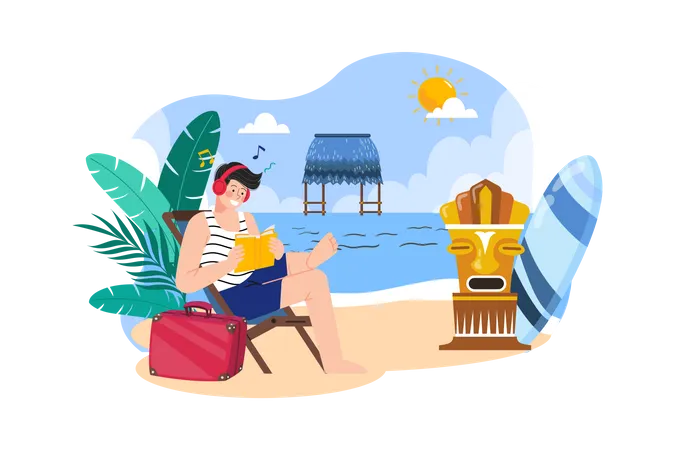 Hombre disfrutando de vacaciones de verano en la playa  Ilustración