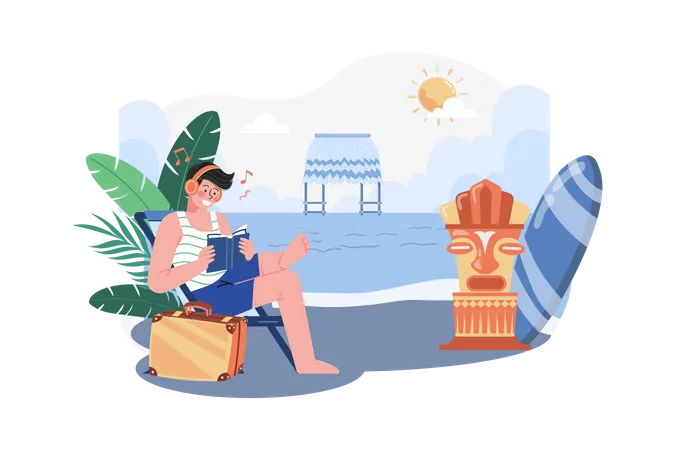 Hombre disfrutando de vacaciones de verano en la playa  Ilustración