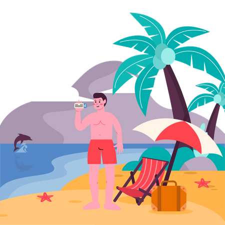 Hombre disfrutando de vacaciones en la playa de Hawai  Ilustración