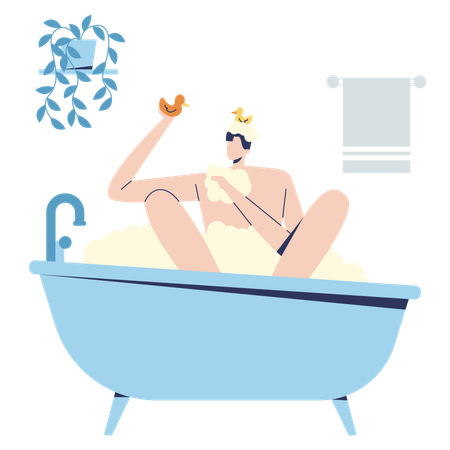 Hombre disfrutando del baño en la bañera  Ilustración