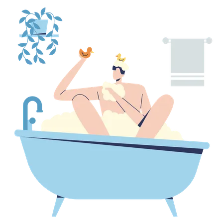 Hombre disfrutando del baño en la bañera  Ilustración