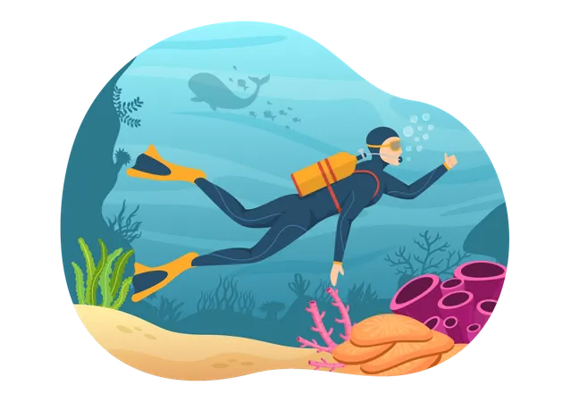 Ilustracion De Snorkel Con Natacion Submarina Explorando El Mar El Arrecife De Coral O Los Peces En El Oceano Para La Pagina De Inicio En Plantillas Dibujadas A Mano De Dibujos Animados Ilustración