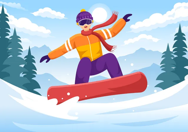 Hombre disfrutando del snowboard  Ilustración