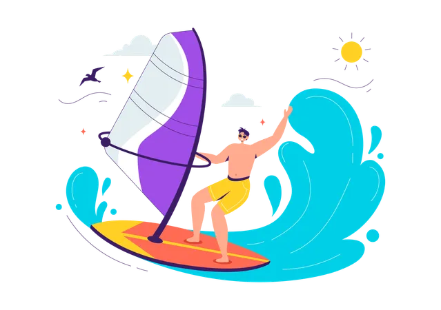 Hombre disfrutando del surf en la playa  Ilustración