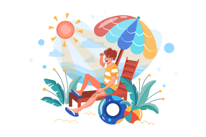 Hombre disfrutando del verano en la playa  Ilustración