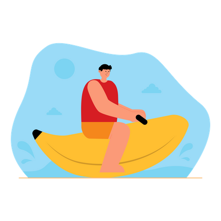 Hombre disfrutando en banana boat  Ilustración