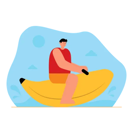 Hombre disfrutando en banana boat  Ilustración