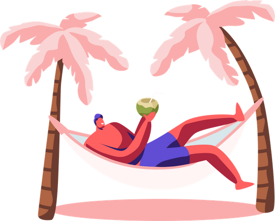 Hombre disfrutando de jugo de coco mientras duerme en una hamaca  Ilustración