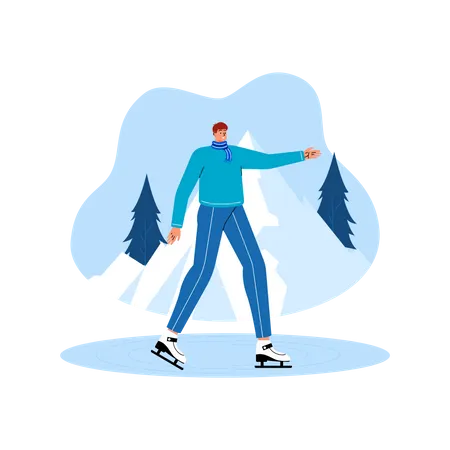 Hombre disfrutando patinando sobre hielo  Ilustración