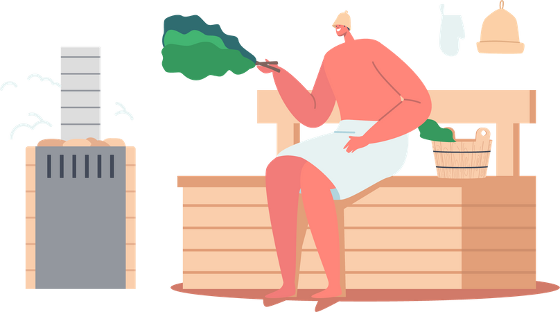 Hombre disfrutando de la sauna  Ilustración
