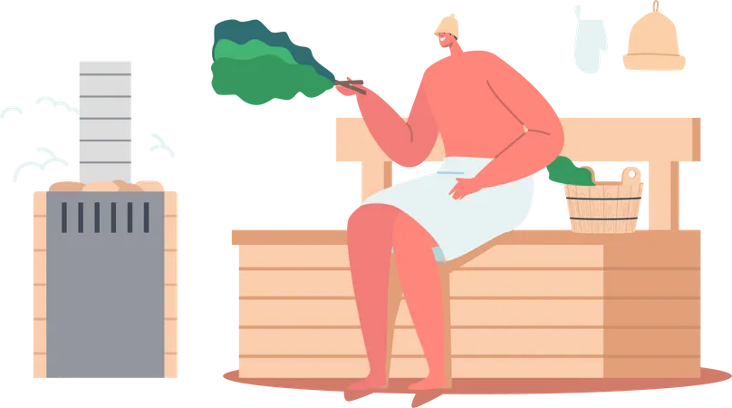 Procedimiento De Agua De Sauna Spa Bienestar Higiene Relajacion Terapia De Cuidado Corporal Hombre Sentado En Un Banco De Madera En Una Sala De Vapor En El Bano Golpeandose Con Una Escoba De Arbol Ilustracion De Vector De Personas De Dibujos Animados Ilustración