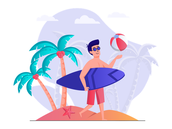 Hombre disfrutando del surf en la playa  Ilustración