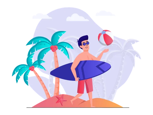Hombre disfrutando del surf en la playa  Ilustración