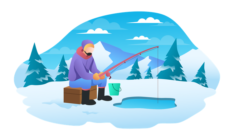 El hombre disfrutaba pescando en invierno  Ilustración