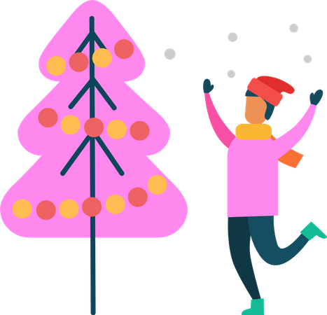 El hombre se divierte cerca del árbol de Navidad decorado  Ilustración