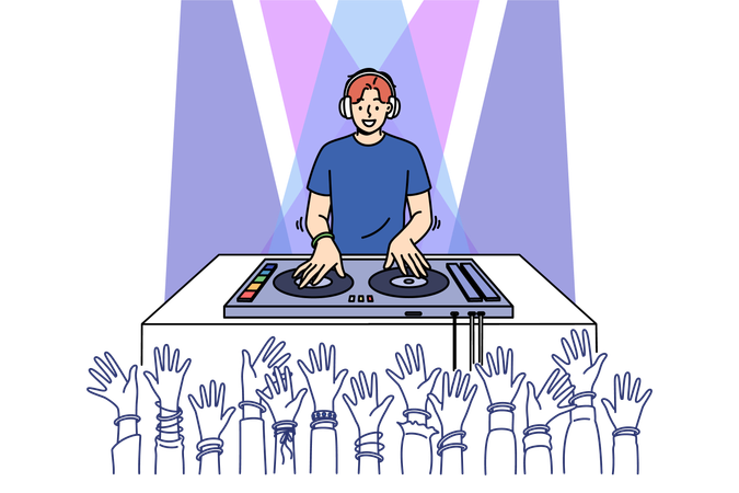 Man DJ actúa en una discoteca haciendo girar discos en una consola de mezclas  Ilustración