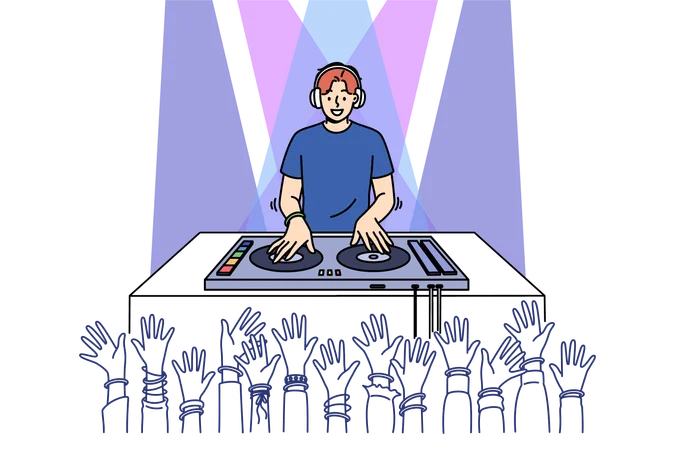 Man DJ actúa en una discoteca haciendo girar discos en una consola de mezclas  Ilustración