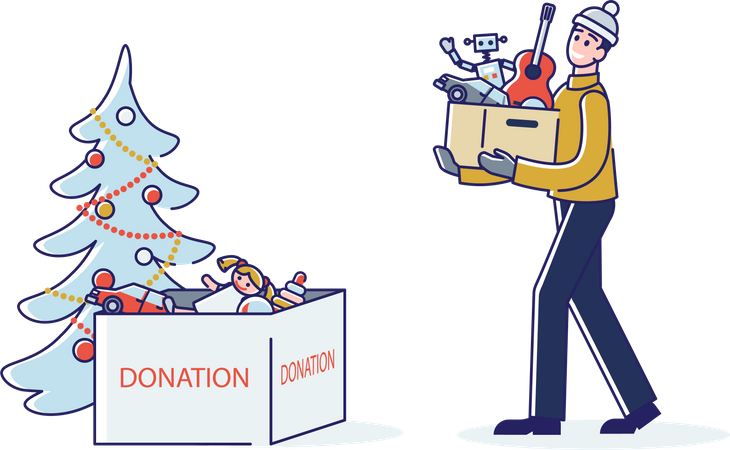 Hombre donando juguetes para caridad navideña  Ilustración