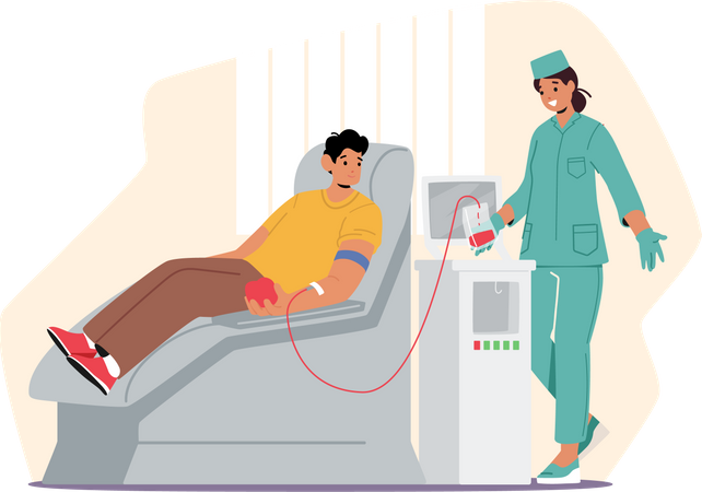 Hombre donando sangre para personas enfermas.  Ilustración