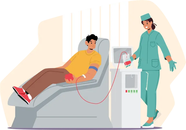 Hombre donando sangre para personas enfermas.  Ilustración