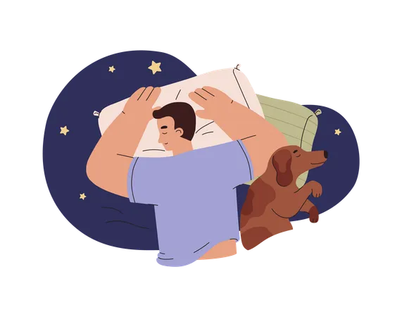 Hombre duerme con mascota  Ilustración