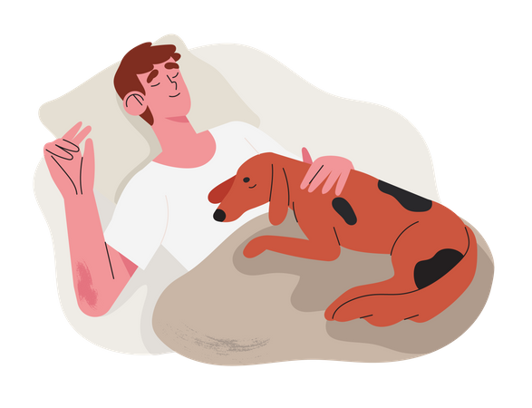 El hombre duerme en su cama con el perro.  Ilustración