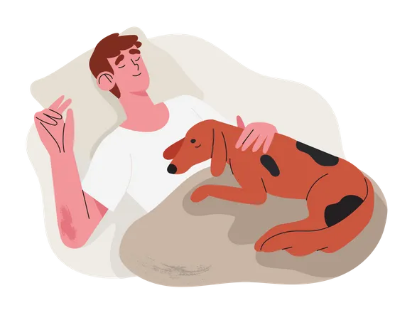 El Hombre Duerme Comodamente Y Relajado En Su Mal Con Un Cachorro De Perro Mascota A Altas Horas De La Noche Concepto De Tienda De Almohadas O Edredones Ortopedicos O De Espuma Viscoelastica Y Otros Accesorios Para Un Sueno Nocturno Saludable Ilustración