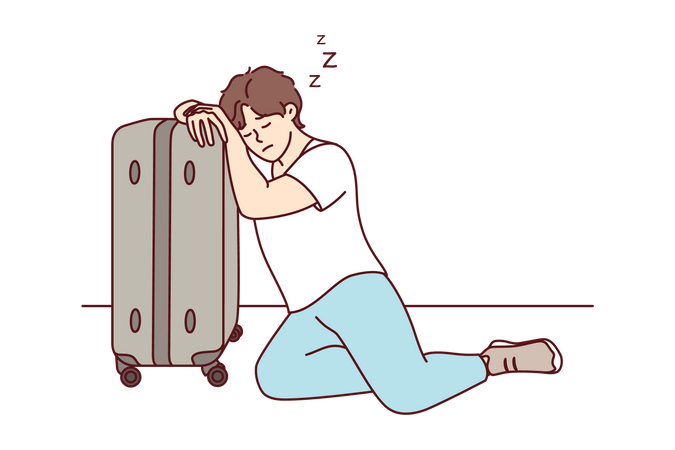 Hombre durmiendo en una bolsa de viaje  Ilustración