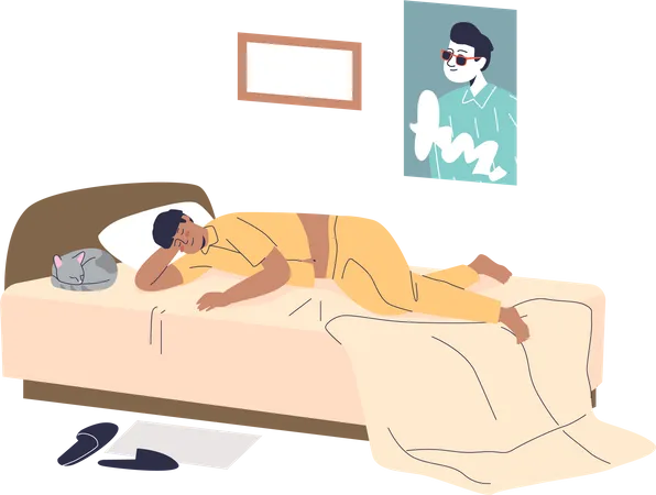 Hombre durmiendo en la cama todo el día durante el fin de semana perezoso  Ilustración
