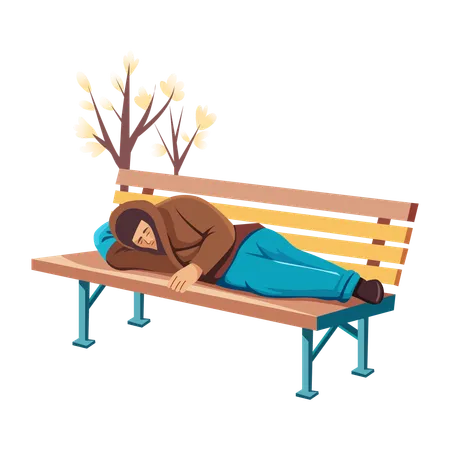 Hombre durmiendo en un banco del parque  Ilustración