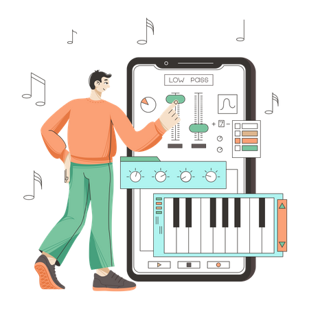 Hombre editando música usando una aplicación móvil  Ilustración
