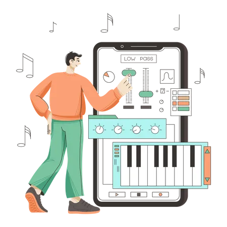 Hombre editando música usando una aplicación móvil  Ilustración