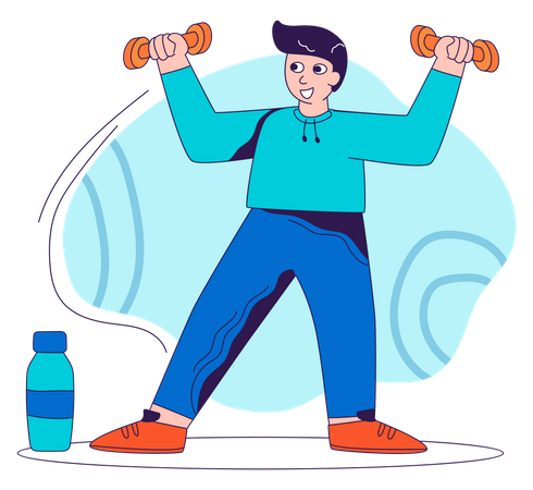 Hombre haciendo ejercicio con mancuernas y botella de agua  Ilustración