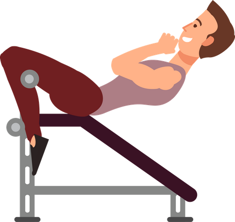 Hombre haciendo ejercicio en un banco abdominal haciendo abdominales para entrenar los músculos abdominales  Ilustración
