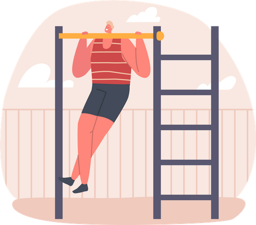Hombre haciendo ejercicio levántese en la barra horizontal  Ilustración