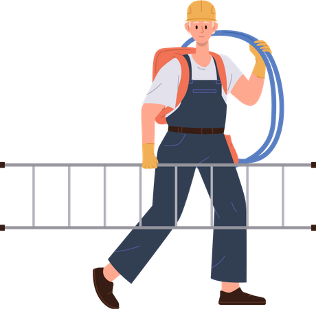 Hombre electricista con casco llevando cable y escalera de mano  Ilustración