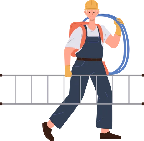 Hombre electricista con casco llevando cable y escalera de mano  Ilustración