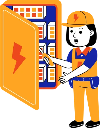 Hombre electricista reparando caja eléctrica  Ilustración