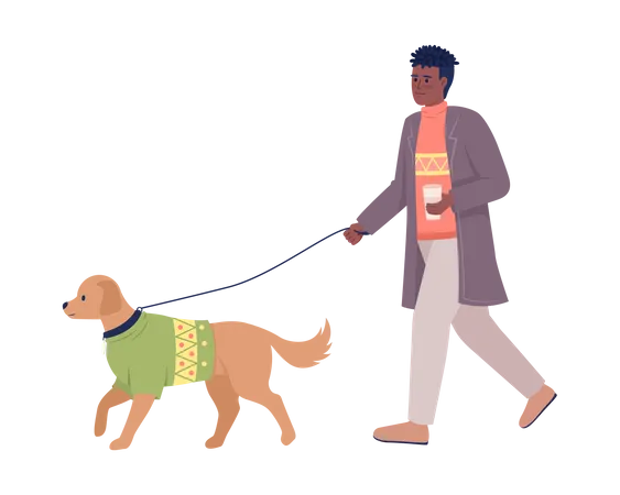 Hombre elegante con café paseando a un perro con correa  Ilustración