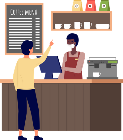 El hombre elige pasteles y compra café en la panadería  Ilustración